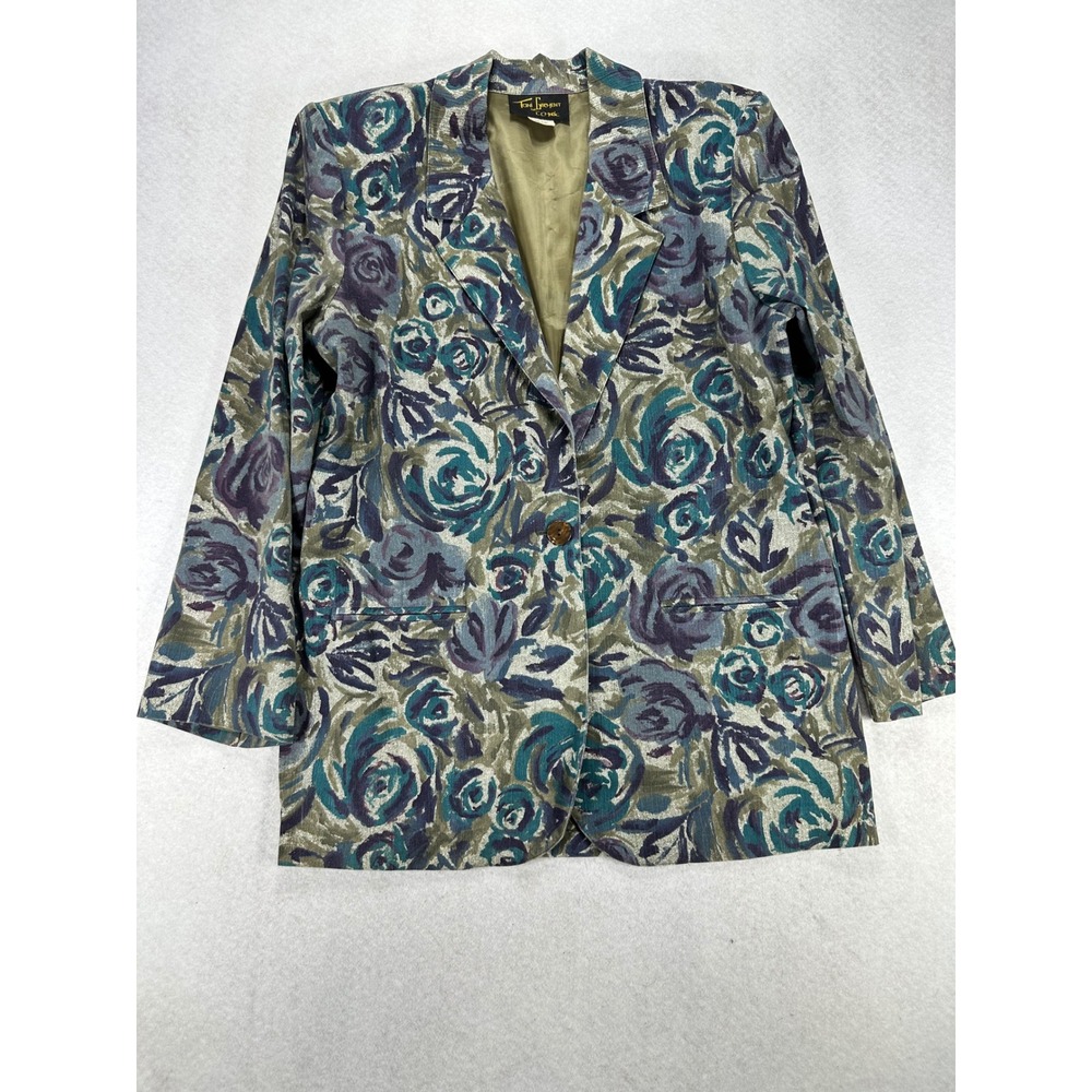 Vintage Toni Garment CC Magic Floral Blazer Jacket Teal Purple Rose Small USA
